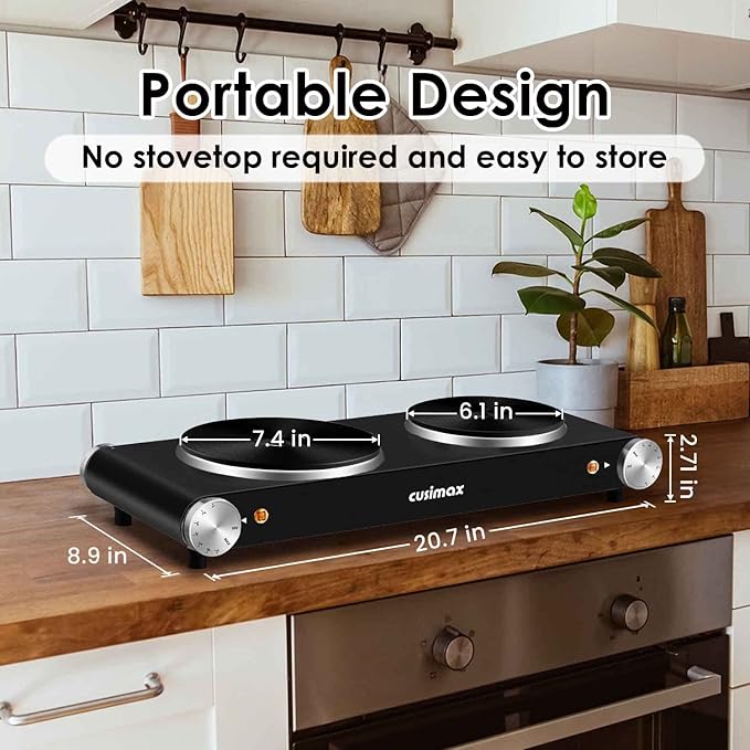 Cusimax Hot Plate for Cooking 1800W Portable Electric Double Burner Countertop Cooktop Cast Iron Stove Heating Plate with 7 Power Levels Adjustable Temp Control, Compatible for All Cookwares