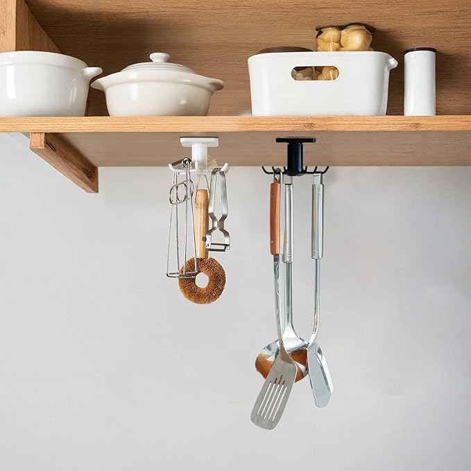 3PCS Under Cabinet Hooks for Kitchen Utensils, 360° Rotating Utility Hooks, Space-Saving Adhesive Kitchen Storage Rack for Hanging Tools and Utensils, Durable and Easy Installation (Black + Grey)