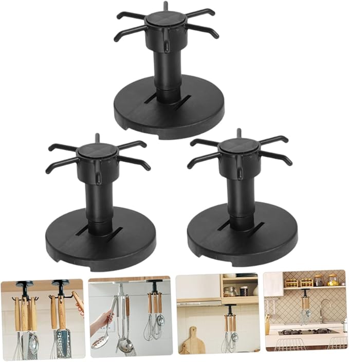 3pcs Kitchen Utensil Hooks Set with Rotating Under Cabinet Hanging Rack, Black Plastic Multi-Functional Wall Hook for Kitchen Storage and Organization