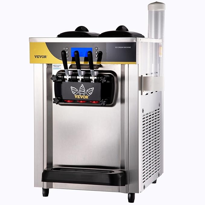 VEVOR Commercial Ice Cream Maker, 22-30L/H Yield, Countertop Soft Serve Machine with 2x6L Hopper 2L Cylinder LCD Panel Puffing Shortage Alarm, Frozen Yogurt Maker for Restaurant Snack Bar, Silve