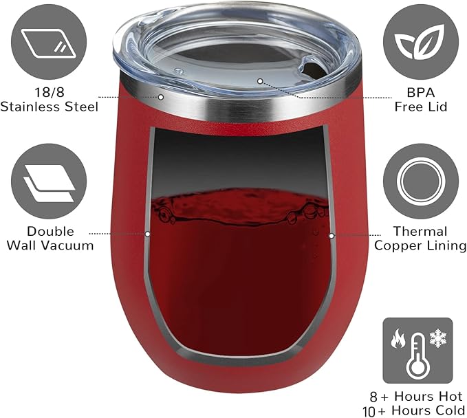 MEWAY 12oz/4 Pack Wine Tumbler Glasses with Lid - Stemless Double Wall Vacuum Stainless Steel Travel Tumbler - Keeping Cold & Hot for Wine,Coffee,Cocktails,Drinks-Family and Gifts (Red,Set of 4)