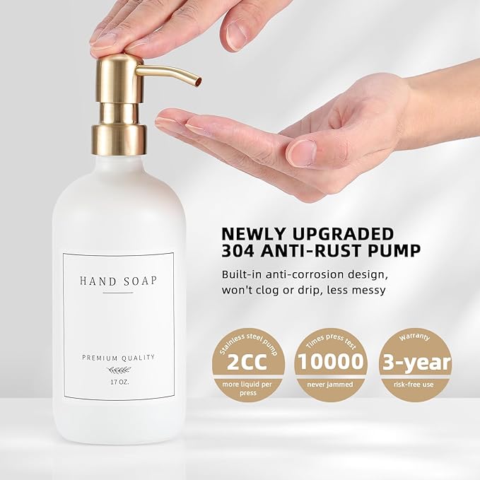 Soap Dispenser Bathroom - Dish and Hand Soap Dispenser Set, Glass Soap Lotion Dispenser with Pump for Kitchen with Tray, Waterproof Labels, 2 Lotion White Bottle/Gold Pump N