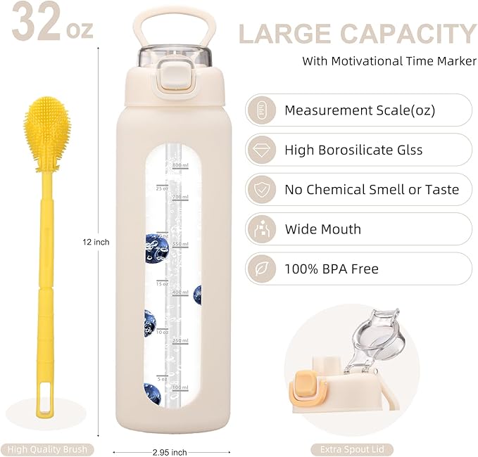 chunmo 32 oz Glass Water Bottles with 2 Lids-Handle Spout Lid & Straw Lid, 1 Liter Motivational Borosilicate Water Bottle with Time Marker and Silicone Sleeve,Leakproof-White-1 Pack