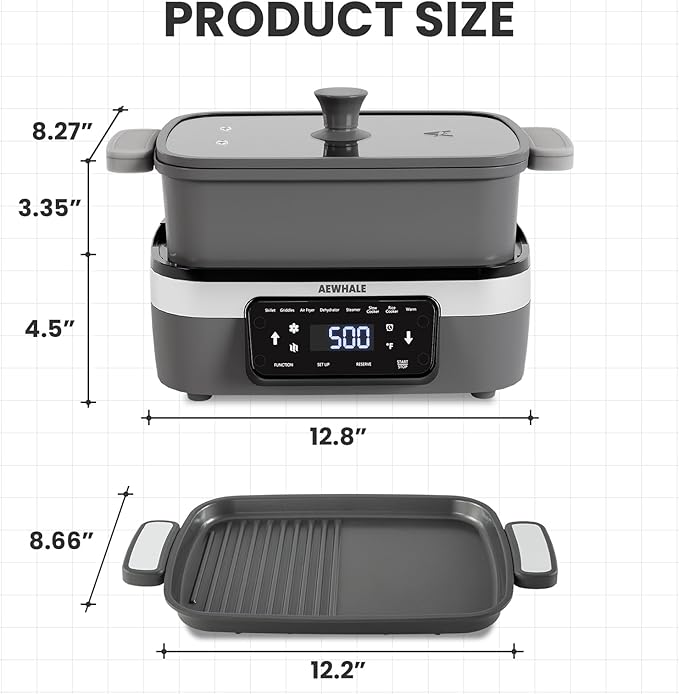 AEWHALE Multifunctional Electric Skillet with Grill|8 Cooking Functions|Removable Non-Stick Plate+Pot+Lid,1500 W Digital Family Size Griddle