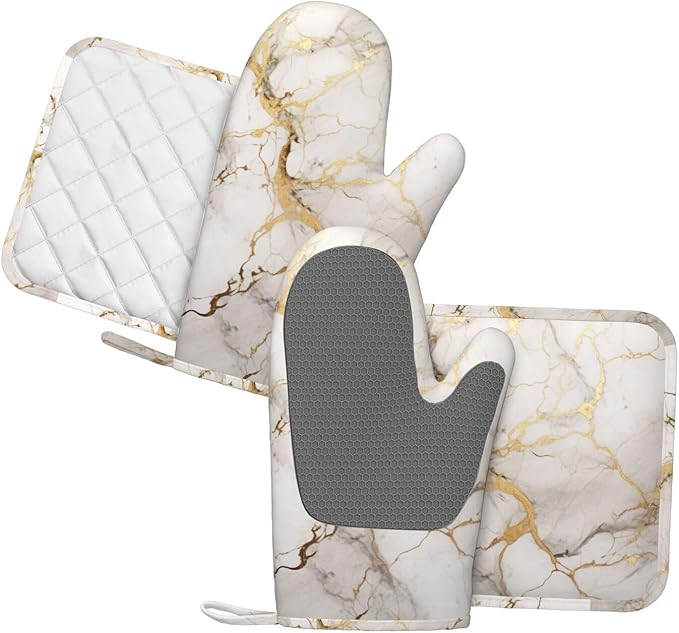 Oven Mitts and Pot Holders Marble Gray Gold White Silicone Kitchen Accessories Set of 4 Heat Resistant Long Gloves Potholder Non-Slip Grip for Chef Cooking Baking Grilling BBQ
