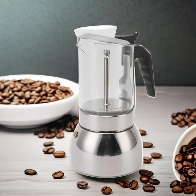 CHICIRIS Stainless Steel Espresso Maker, Double Valve Design, Glass Top Coffee Maker, Induction Stovetop Ready, 450ML Capacity, Professional Use for Home Kitchen and Coffee Enthusiasts