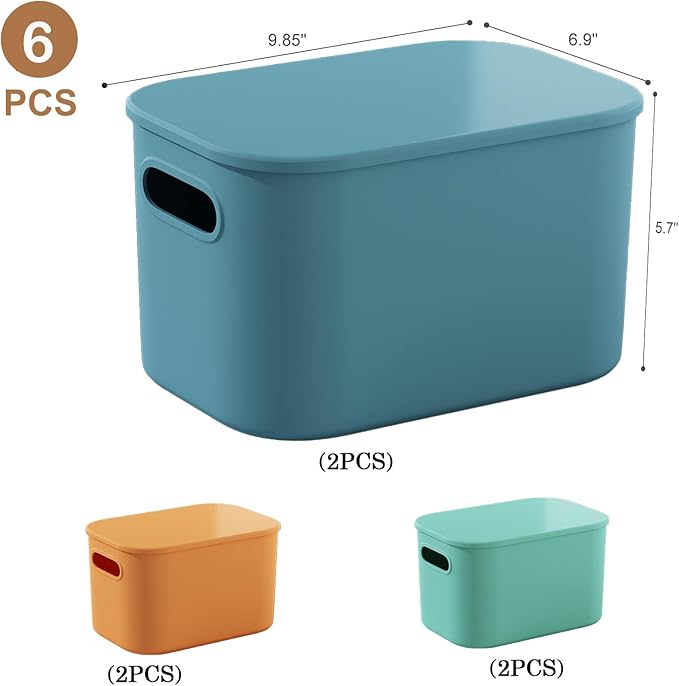 ORGIDOL 6 Pack Colorful Storage Bins with Lids Stackable Storage Container for Organizing, Storage Boxes with Handle for Shelves, Cute Storage Bin for Craft, Snacks, 9.85x6.9x5.7 inch