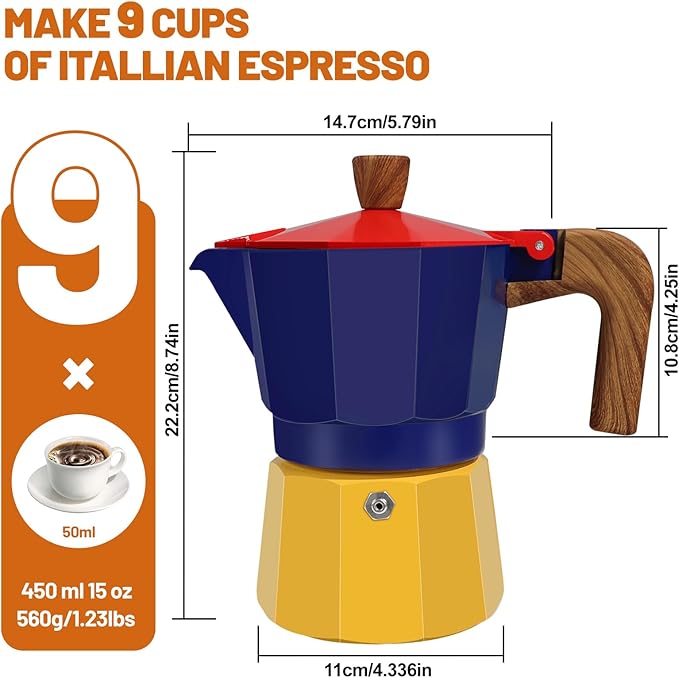 9 Cup Aluminum Espresso Stovetop Moka Pot Express Coffee Maker Percolator Italian Classic Mocha Coffee Machine for Italian and Cuban Cafe Brewing for Home & Camping 450ml 15oz