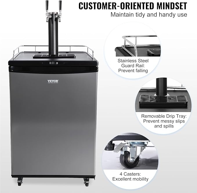 VEVOR Beer Kegerator, Dual Tap Commercial Draft Beer Dispenser for D system, Full Size Keg Refrigerator with 5lbs CO2 Tank, Hold 2 Sixth / 3 Ball lock keg, Silver