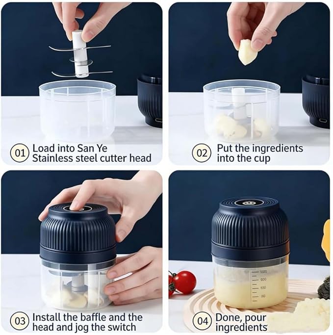 Household Electric Garlic Crusher, Electric Garlic Chopper, Mini Portable Veggie Chopper with 4/6 Stainless Steel Blades, Wireless Rechargeable Food Cutter for Garlic, Onion, Chili (Purple,250ML)