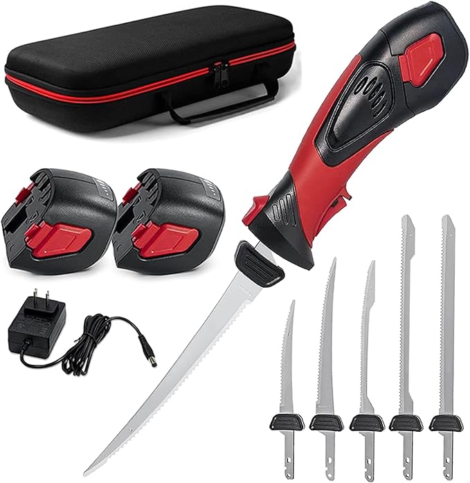 Cordless Electric Fillet Knife - 5 Ti-Nitride Coated Non-Stick Blades, Ergonomic Non-Slip Grip Handle & Cooling Vent Stylish with Carry Bag,Perfect Electric Knife for Effortless Fishing (Red)