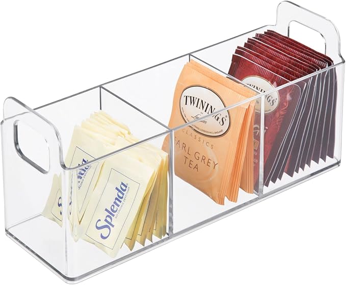 mDesign Plastic Condiment Organizer and Tea Bag Holder - 3-Compartment Kitchen Pantry/Countertop Storage Caddy - Divided Chip, Snack, Oatmeal Packet Holder - Lumiere Collection - 2 Pack, Clear