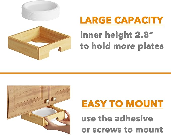 SpaceAid 8.5-inch Paper Plate Dispenser, Under Cabinet Bamboo Plates Holder, Kitchen Counter Vertical Dipensers Holders Countertop Caddy, Bamboo
