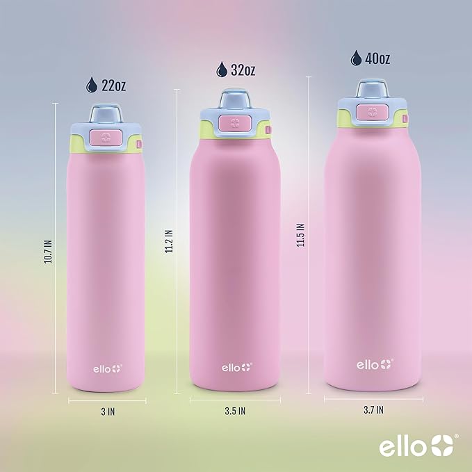 Ello Pop & Fill 32oz Stainless Steel Water Bottle with Quick Fill Technology, Double Walled and Vacuum Insulated Metal, Leak Proof Locking Lid, Sip and Chug, Reusable, BPA Free, Rosy Skyline