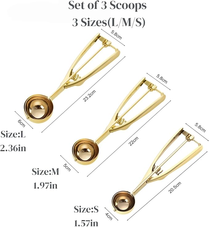 Gold Ice cream spoon,3Pcs Cookie Scoop Set,Stainless steel ice cream scoop with trigger release,Tablespoons,dough scoop,3 Sizes (S/M/L)