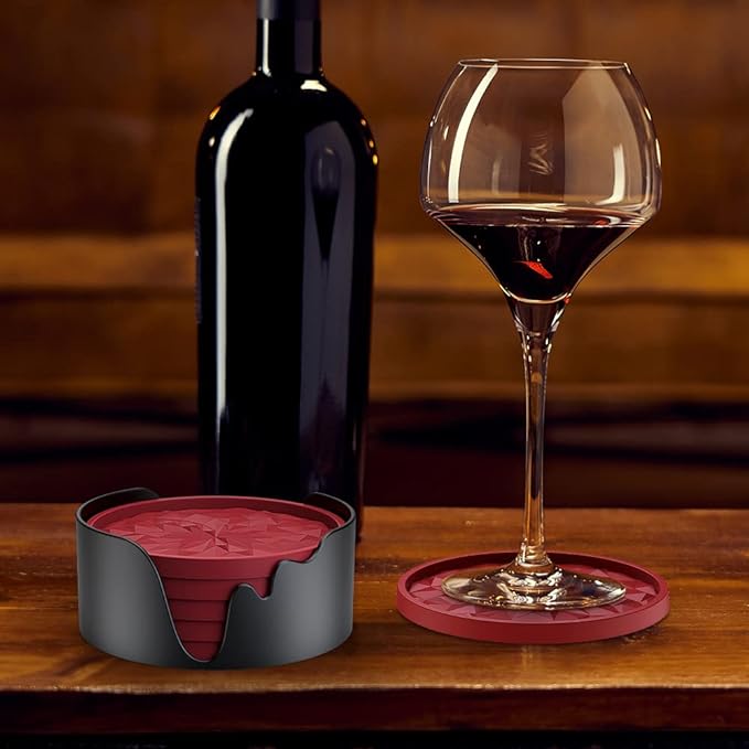 ME.FAN Silicone Coasters with Holder,[6 Pack] Drinking Coasters - Cup Mat for Hot or Cold Drinks, Thickened, Non-Slip, Non-stick,Deep Tray Ether