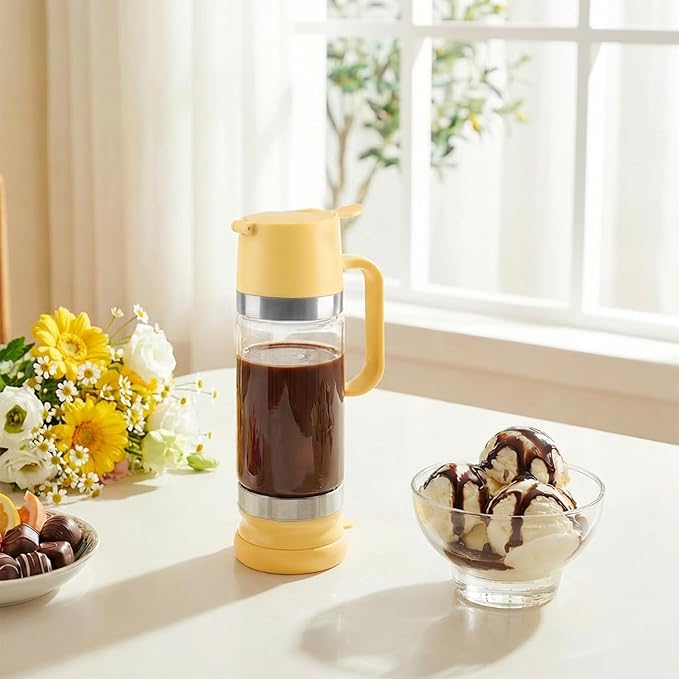 Aelga Honey Dispenser, Honey Dispenser No Drip 12 oz Glass Honey Jar with Handle, Easy Pour Syrup Dispenser for Coffee Bar, Tea & Kitchen Accessories (Yellow)