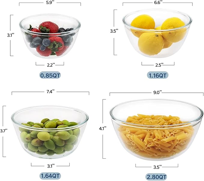 Cuiselect 4pc Glass Mixing Bowls Sets (2.80QT, 1.64QT, 1.16QT, 0.85QT), Nesting Mixing Bowls for Cooking Prep, Baking, Storage, Large Salad Bowls Sets-Dishwasher Microwave Freezer Safe