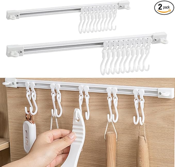 Utility Slide Rail Hook,Under Cabinet Kitchen No Punching Hooks for Hanging Utensil,Bathroom Bedroom Office Wall Door Rack with 10 Hooks,15.7 and 11.8 Inches,2Pieces
