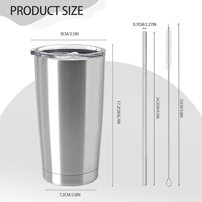 YOUKE OLA 12 Pack Insulated Coffee Tumbler Stainless Steel Double Wall Vacuum Travel Tumbler Cup with Lid and Straw for DIY Gift, Silver 20oz
