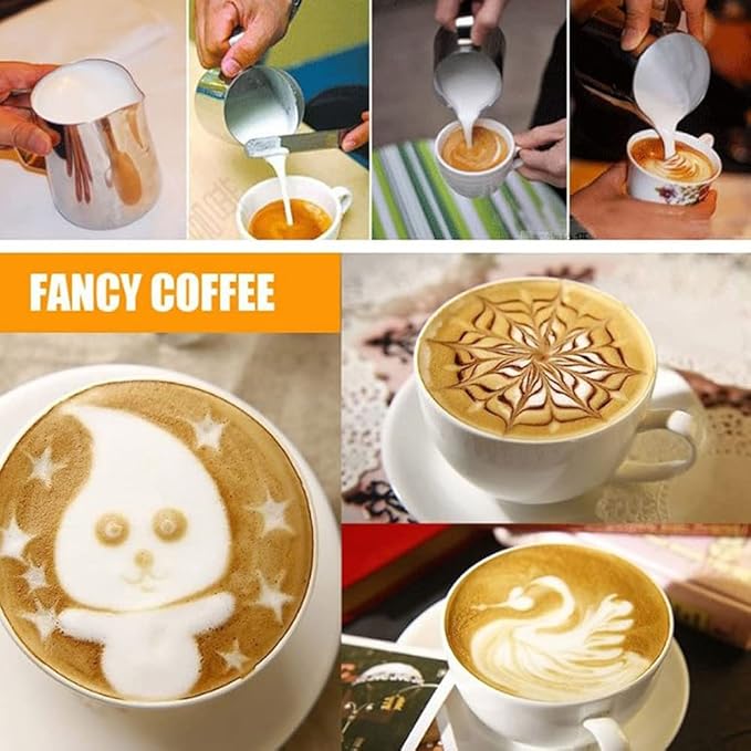 4 Pack Milk Frothing Pitcher 900ml Stainless Steel Milk Jug with Measurement Marks, 32oz Steaming Pitcher for Coffee, Cappuccino, Latte Art, Includes Art Pen, (4)