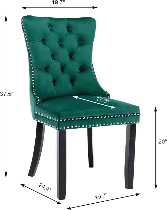 Green Velvet Dining Chairs Set of 4, Upholstered Dining Room Chairs with Back Ring Pull Trim and Solid Wood Legs, Tufted Wingback Kitchen Chairs for Dining Room,Living Room,Kitchen(Green)