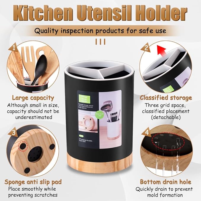 Kitchen Utensil Holder Tableware Storage Bucket, Spoon Chopsticks Fork Drain Rack Utensil Crock for Counter, Household 3-Format Tableware Drainer with Removable Divider and Wooden Base