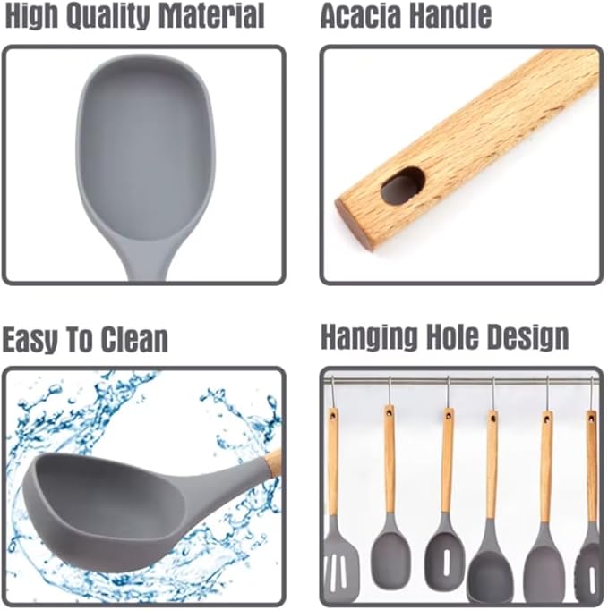 Premium Silicone Kitchen Utensil Set – 7-Piece Cooking Tools with Acacia Wood Handles and Bamboo Holder, Non-Stick, Heat Resistant, BPA-Free, Elegant Kitchen Gift (Grey -7pcs)