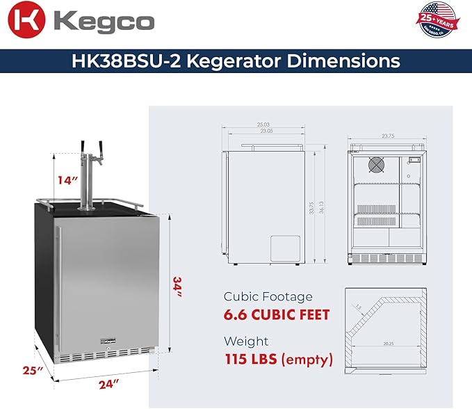 Kegco Kegerator 24" Wide Dual Tap Black/Stainless Steel Undercounter Beer Dispenser HK38BSU-2