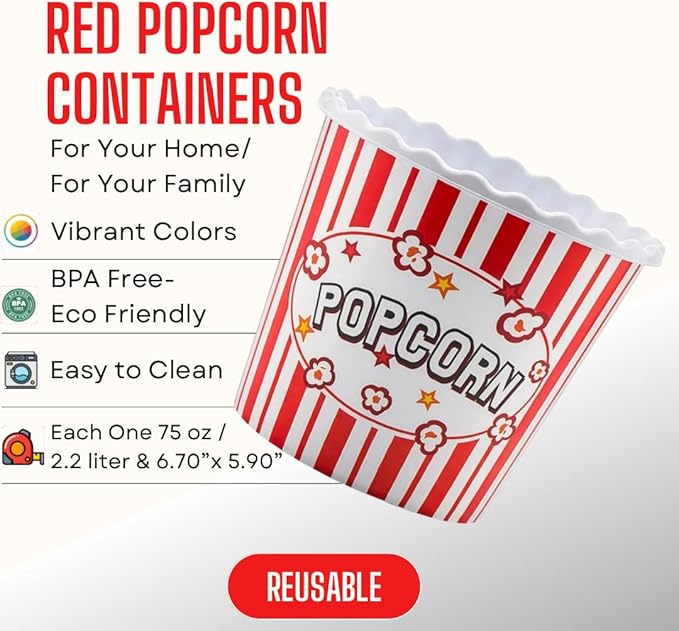 Modern Style Reusable Plastic Popcorn Box/Popcorn Containers/Popcorn Bowls Set for Movie Theater Night - (BPA Free - 8 Pack-75 oz) (8, MIX)