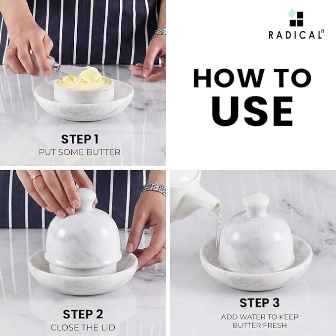Radicaln Marble Butter Dish With Lid 6" Inches White Handmade Butter Storage Container, Ideal Butter Dish and Butter Crock For Counter With Water