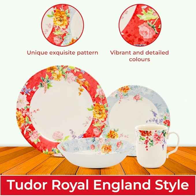 Tudor Royal 24-Piece Porcelain Round Dinnerware Set, Service for 6, Crimson Design, Summer Floral, Plates Bowls Mugs Dishes, Glossy, Premium Quality Tableware