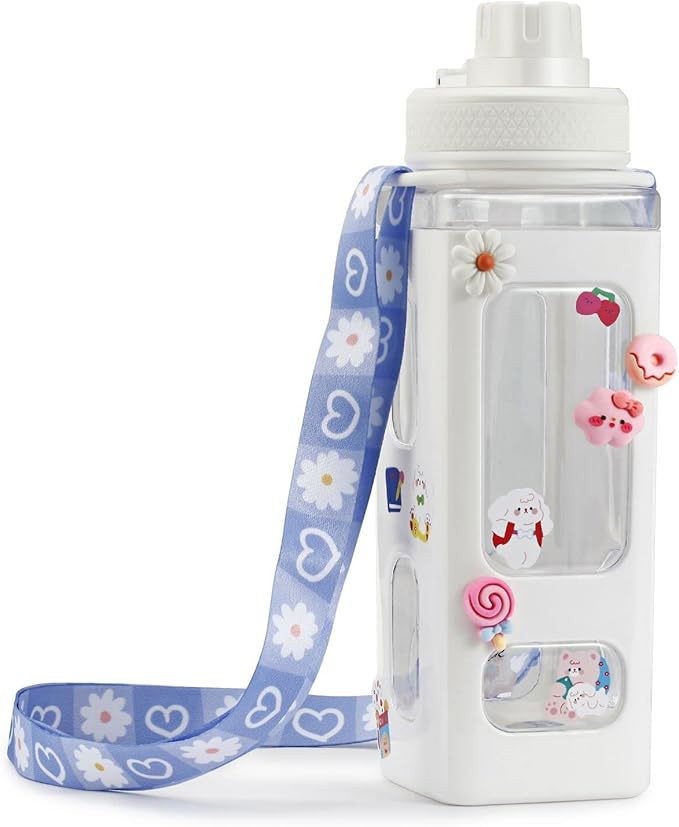 Kawaii Bear Pastel Water Bottle With 3D Sticker 700ml Plastic Travel Tea Juice Milk Portable Cute Shaker Drink Bottle Gift (White)