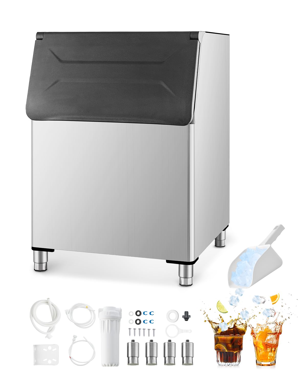 VEVOR Commercial Ice Maker Storage Bin, 500LBS Capacity Ice Bin, Stainless Steel Ice Storage Bin with Filter and Adjustable Anti-Slip Rubber Feet, Suitable for Restaurant Hotel and Beverage Shops