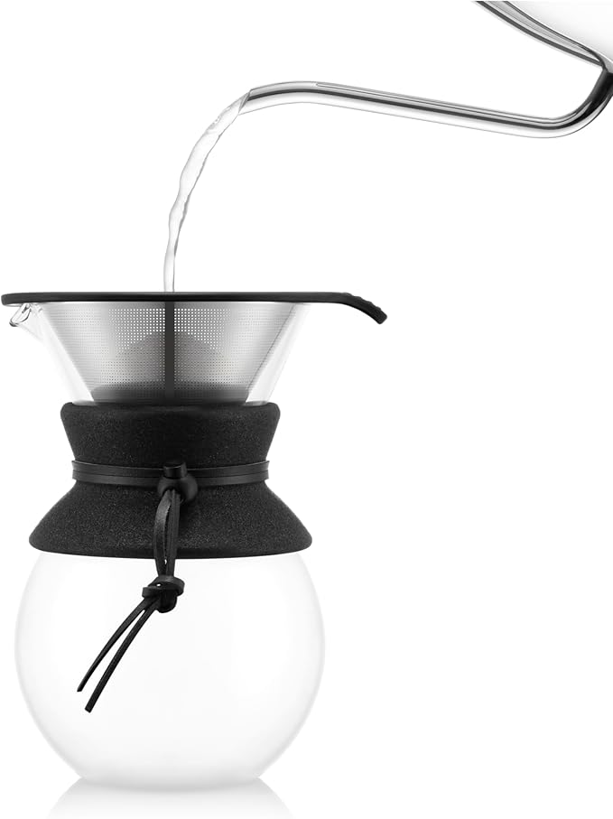 Bodum 34oz Pour Over Coffee Maker, High-Heat Borosilicate Glass with Reusable Stainless Steel Filter and Black Cork Grip - Made in Portugal
