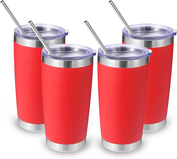 Volhoply 20oz Stainless Steel Tumbler with Lid and Straw Bulk 4 Pack,Double Wall Insulated Travel Iced Coffee Mug Fits Cup Holder,Powder Coated Cups for Hot/Cold Drinks,Gifts for Women（Red,4 Set）
