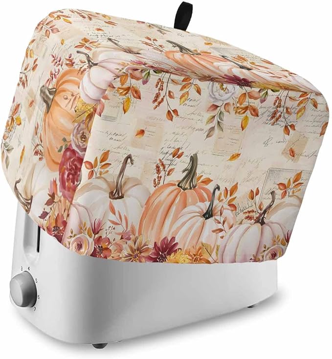 Pink Orange Pumpkins Fall Toaster Cover 2 Slice, Thanksgiving Leaves Dustproof Bakeware Oven Protector with Top Hook, Autumn Floral Waterproof Small Kitchen Appliance Toasters Dust Cover, 12"x7.5"x8"