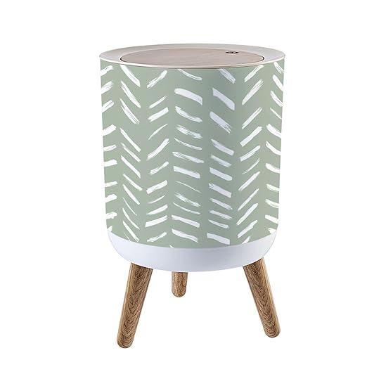 Trash Can with Lid African brush stroke mud cloth fabric Ethnic boho seamless sage green Press Top Round Small Garbage Bin with Wooden Legs Waste Basket for Kitchen Bedroom Nursery 7L/1.8 Gallon