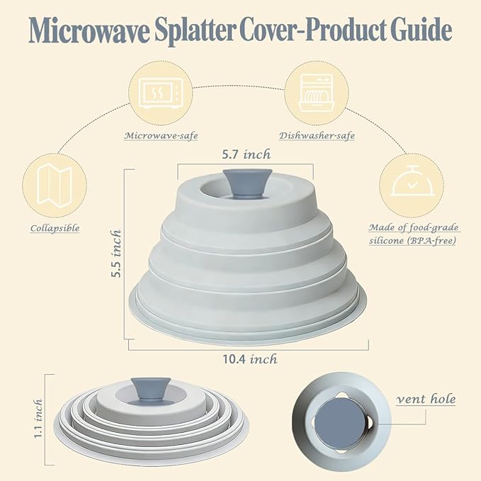 Silicone Microwave Splatter Cover with Handle, Collapsible BPA-Free Microwave Food Plate Cover for Splatter Protection, Heat-Resistant Reusable Splash Guard