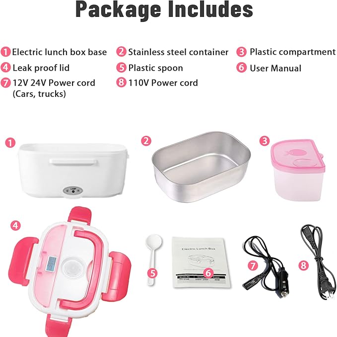 Electric Lunch Box 2 In 1 Food Heater 12V 24V 110V Portable Food Warmer for Car and Home Removable Stainless Steel Heated Bento Box (Pink)