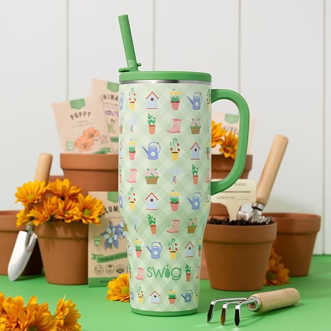 Swig Life 40oz Leak Proof Mega Mug, 40oz Leak Proof Tumbler with Handle and Straw, Extra Large Insulated Tumblers, Cup Holder Friendly Travel Mug, Reusable Leakproof Water Bottle (Green Thumb)