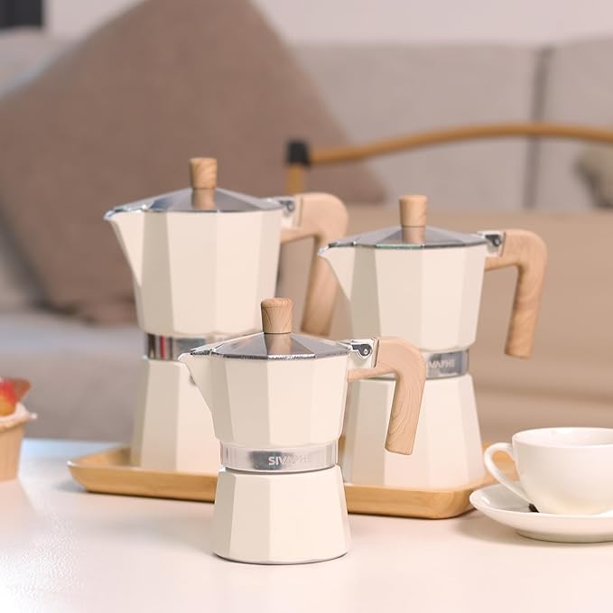 Sivaphe Aluminum Moka Pot 6 Espresso Cups, Percolator Espresso and Coffee Maker, Portable Stovetop Italian and Cuban Café Brewer for Home and Camping White