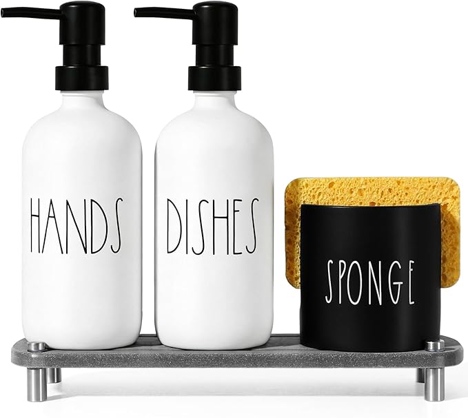 ALPIRIRAL Kitchen Soap Dispenser Set,16.9 fl oz Hand and Dish Soap Dispensers with Tray, Kitchen Soap Dispenser Set with Sponge Holder, Instant Dry Tray,Kitchen Decor(White&Black)