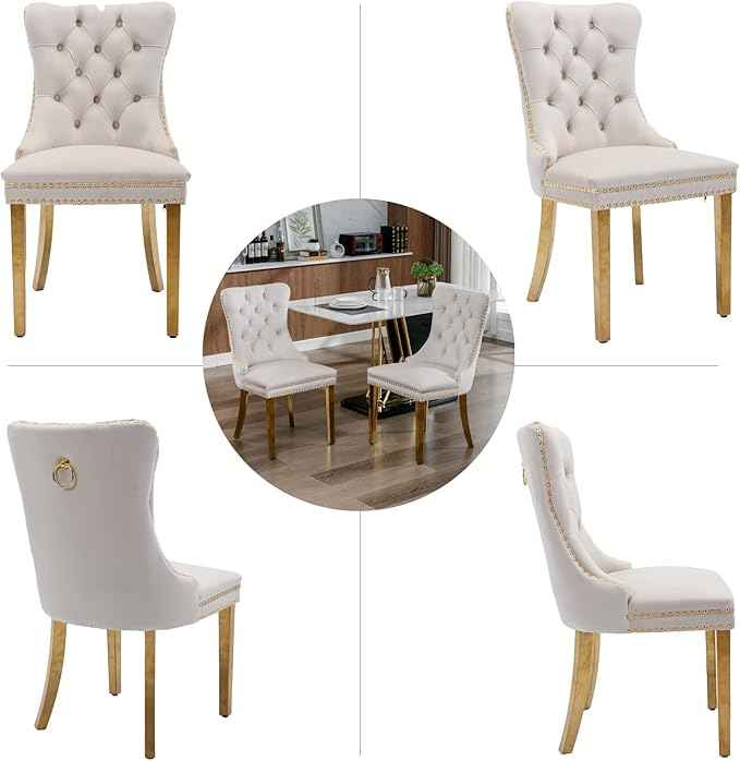 Beige Velvet Dining Chairs Set of 6, Upholstered Dining Room Chairs with Back Ring Pull Trim and Golden Stainless Steel Legs,Modern Kitchen Chairs for Dining Room,Living Room,Kitchen(Beige)