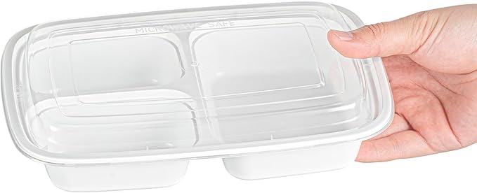 Asporto 26 Ounce Compartment Take Out Boxes, 50 Microwavable Meal Prep Containers - 3 Compartments, With Clear Plastic Lids, White Plastic Food Containers, Do Not Contain BPA - Restaurantware