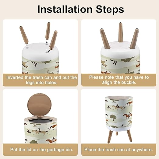 Trash Can with Lid Tradition hunting horse english style landscape seamless pattern Press Cover Round Small Garbage Bin with Wooden Legs Waste Basket for Kitchen Bedroom Nursery 7L/1.8 Gallon