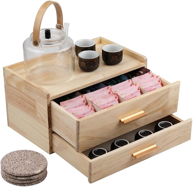 Tea Organizers and Storage Box with Drawer Tea Station organizer for Countertop with 8 Compartments Pine Wood Tea Bag Organizer with Drawer Teabag Holder with 4 Cotton Woven Coasters（Wood02）