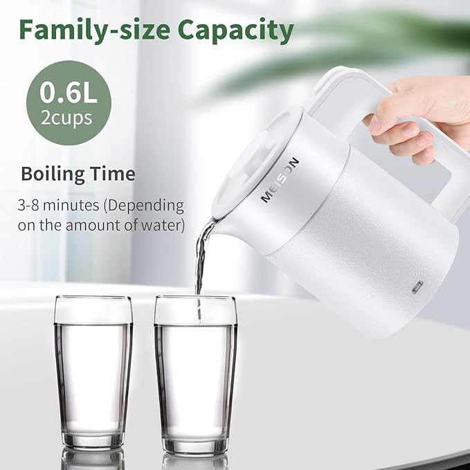 0.6L Small Electric Kettles Stainless Steel, Travel Mini Hot Water Boiler Heater, Double Wall Cool Touch Portable Teapot, Auto Shut-Off & Boil-Dry Protection, 120V/800W, 2 Year Warranty (white)