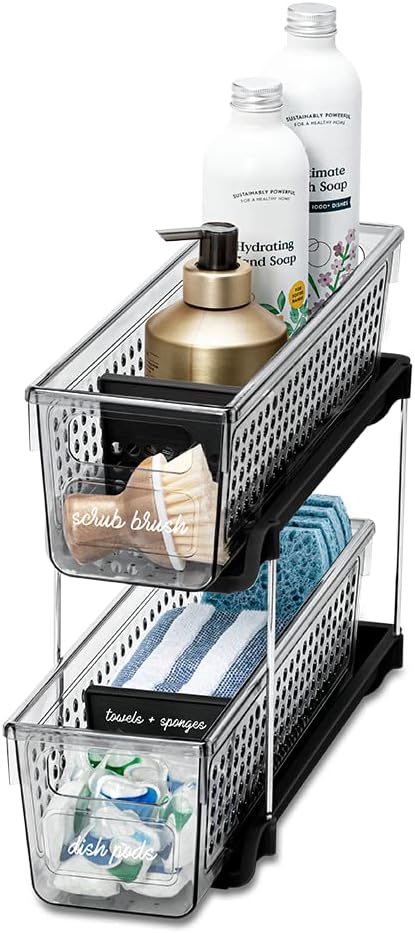 madesmart Mini 2-Tier Organizer, Multi-Purpose Slide-Out Storage with Handles for Home and Bath, Carbon, Pack of 4