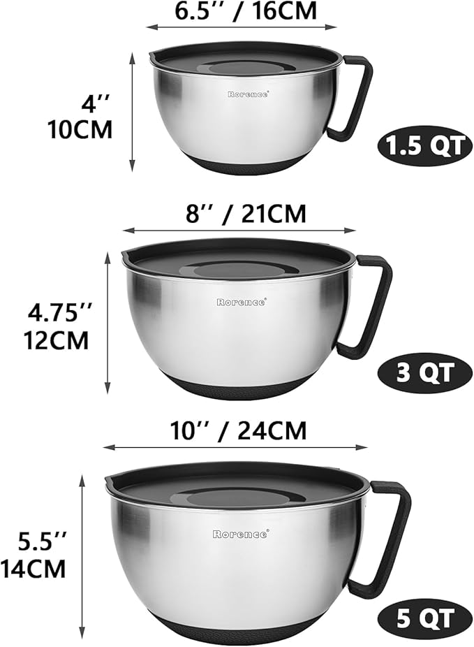 Rorence Stainless Steel Non-Slip Mixing Bowls With Pour Spout, Handle and Lid, Set of 3, Black